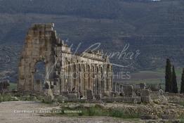 Image du Maroc Professionnelle de  L'après-midi, le soleil brille sur les arches de la basilique, le principal bâtiment administratif de l'ancienne ville romaine de Volubilis l'un des sites les mieux préservés au Maroc et le plus visité. La cité romaine se situe à proximité de Moulay Idriss Zerhoun à une trentaine de km au nord-ouest de Meknès, photo prise le jeudi 8 Mars 2012. Volubilis ville antique berbère Walili (Lauriers rose) qui date du 3e siècle avant J.-C. capitale du royaume de Maurétanie fondé comme seconde capital sous le règne de Juba II. (Photo / Abdeljalil Bounhar)
 